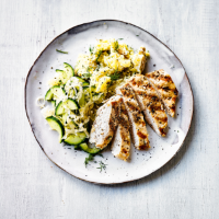 Griddled chicken with quick pickles & crushed potatoes