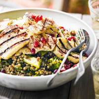 Giant couscous with preserved lemon, chargrilled onion, halloumi & herb dressing