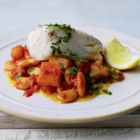 Hake with paprika potatoes and butter beans