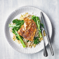 Roasted spiced cod with rice, broccoli & lime butter