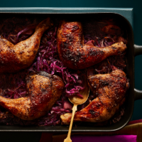 Roasted chicken legs with spiced red cabbage