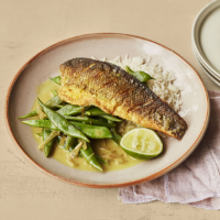 Sea bass with coconut & runner bean curry