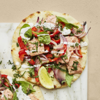 Spiced salmon & grilled vegetable flatbreads