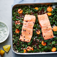 Salmon, cabbage and lentil traybake