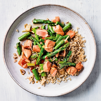 Stir fried salmon & asparagus with ginger and chilli