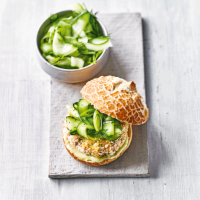 Salmon & wasabi burgers with pickled cucumber