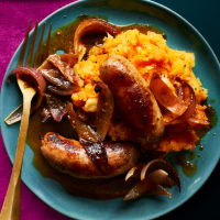 Stout-braised sausages and root veg mash
