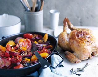 Roast chicken with chorizo, peppers & tomatoes